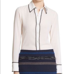 ‘Glenda’ Lace Trim Silk Button-down Blouse